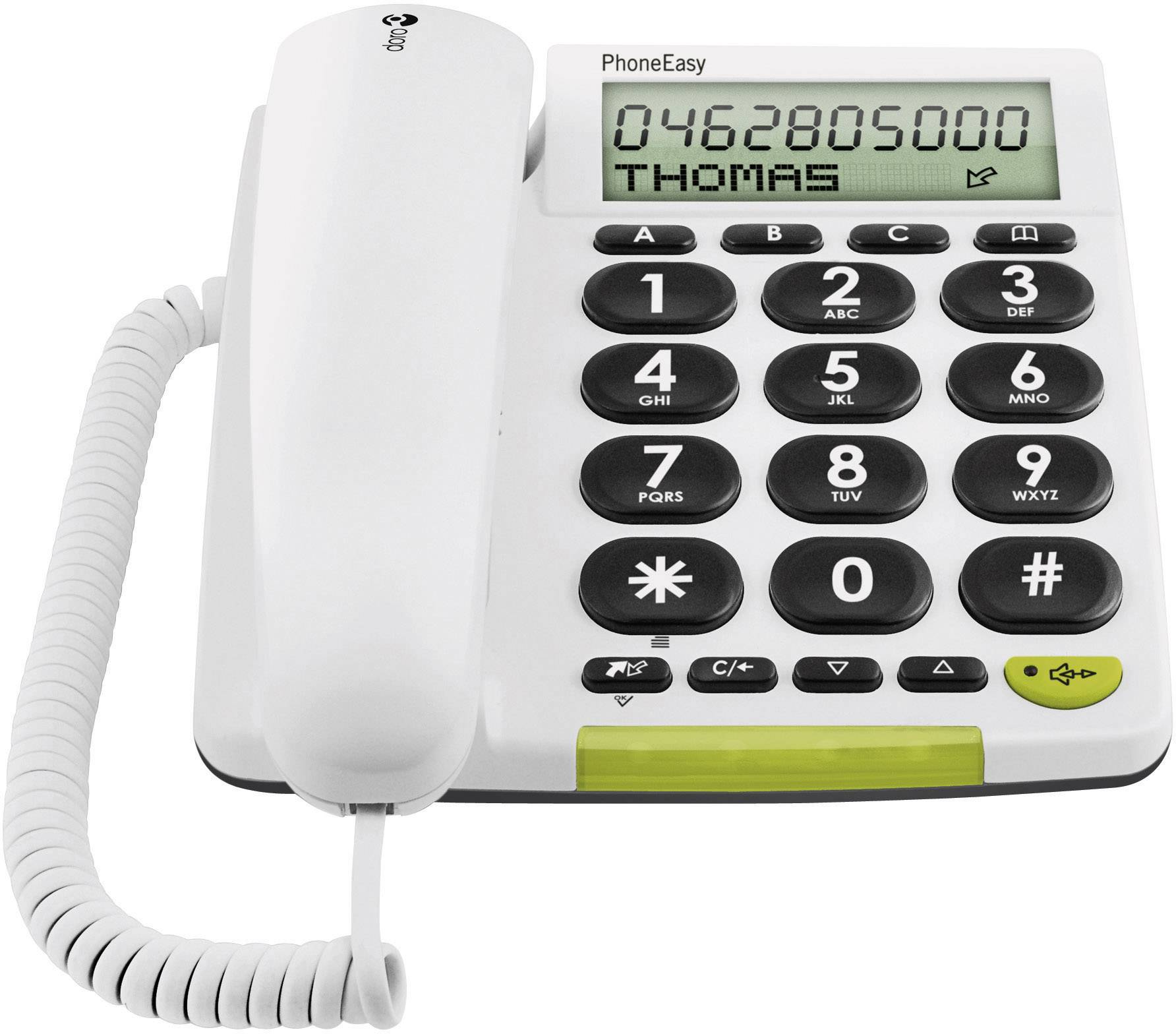 Téléphone fixe avec grand clavier et écran. Sur l'écran s'affichent le numéro '0462805000' et le nom 'THOMAS'.