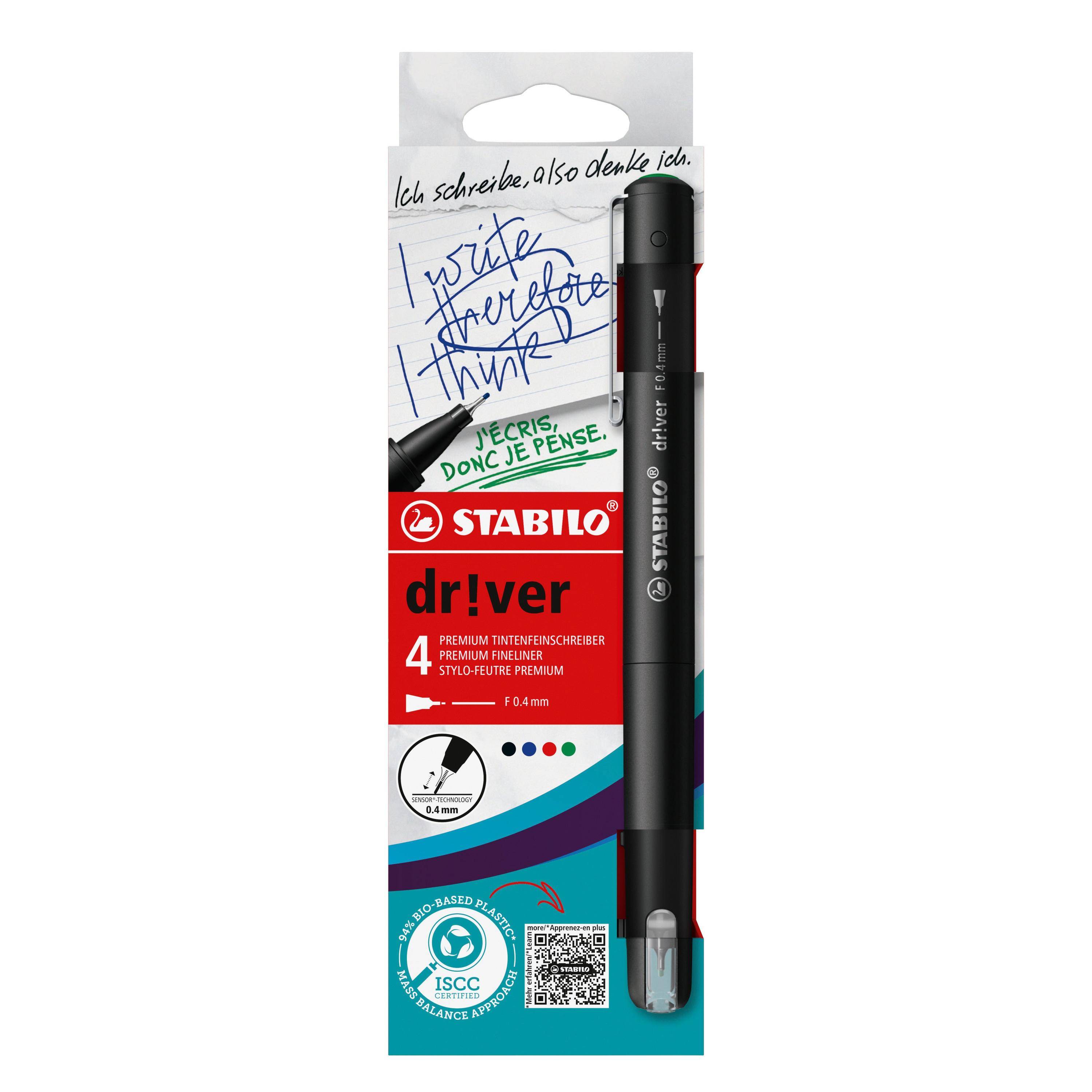 Stylo feutre Stabilo Driver F à capuchon pointe 0,4 mm - écriture fine - Pochette de 4 coloris classiques assortis-0