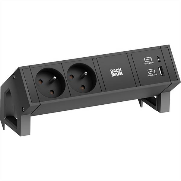 BACHMANN DESK 2 Bloc multiprise 2x UTE, 1x USB A&C 22W, noir, 0,2 m