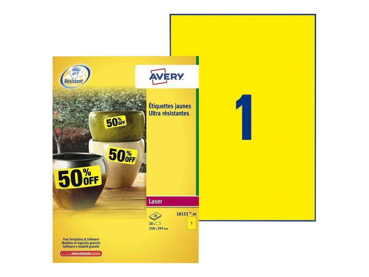 Etiquettes Avery ultra résistantes 210 x 297 mm L6111-20 jaune - Pochette de 20-0