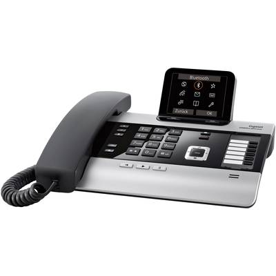 Un téléphone sans fil moderne avec station de base et écran, affichant des fonctionnalités Bluetooth.