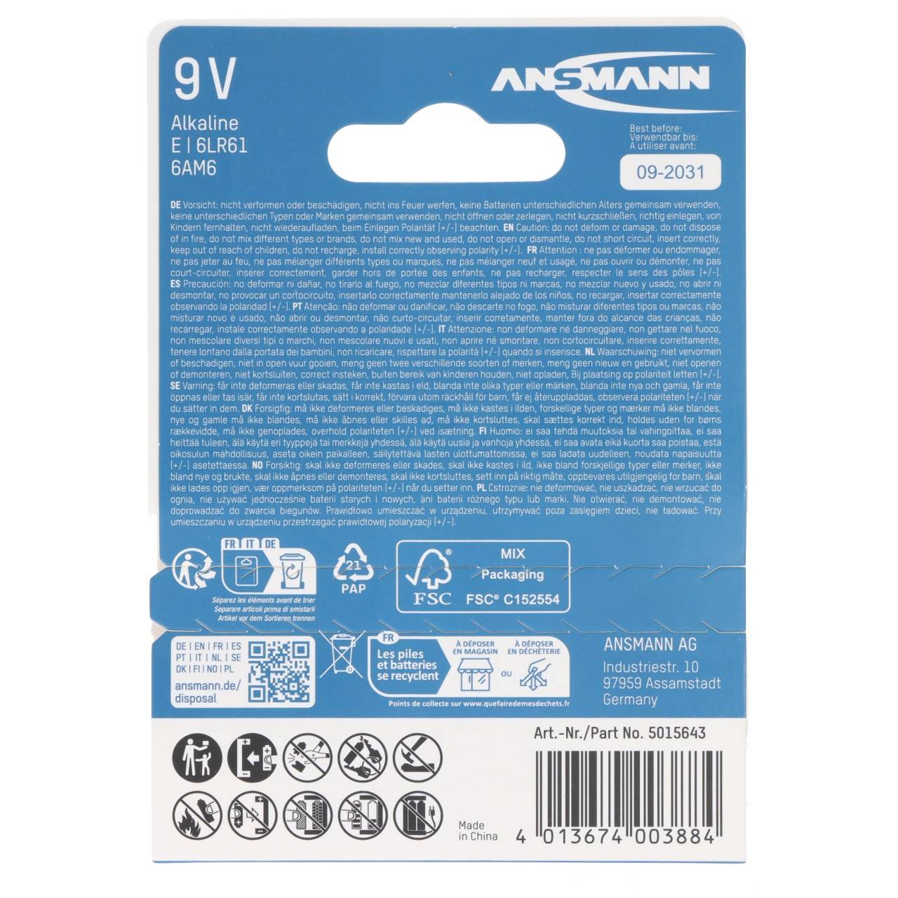 Pile alcaline Ansmann X-Power 9 V, 6LR61, 1 blister papier-1