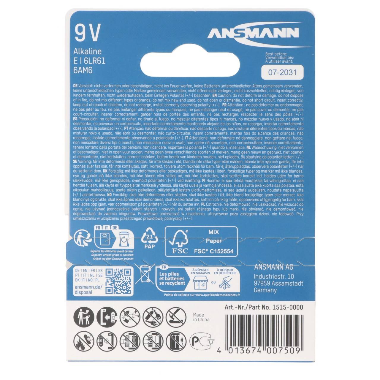 Pile alcaline 9 V Ansmann, bloc E, 6LR61, 1 blister papier-1