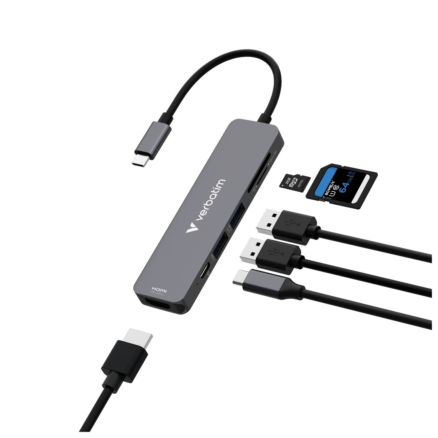 Hub Verbatim, USB-C Essentials, 6 ports avec lecteur de cartes HDMI, 2 ports USB-A, 1 port USB-C PD, emballage blister.-1