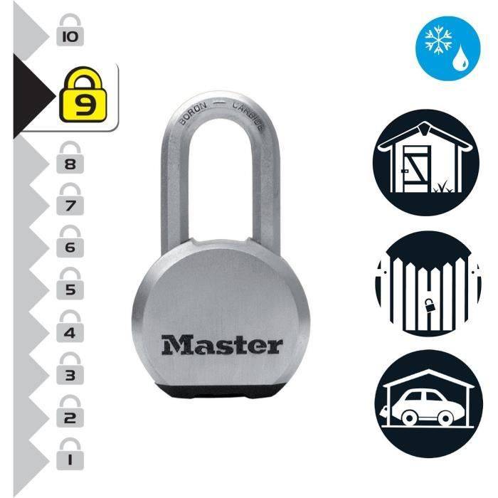 MASTER LOCK Cadenas Haute Sécurité [A Clé] [Acier Inoxydable] [Anse Longue] [Extérieur] M830EURDLH-1