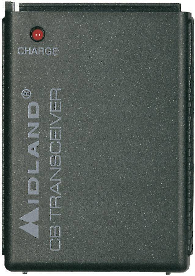 Poste CB noir avec l'inscription 'MIDLAND CB TRANSCEIVER' et un indicateur de charge rouge en haut à gauche.