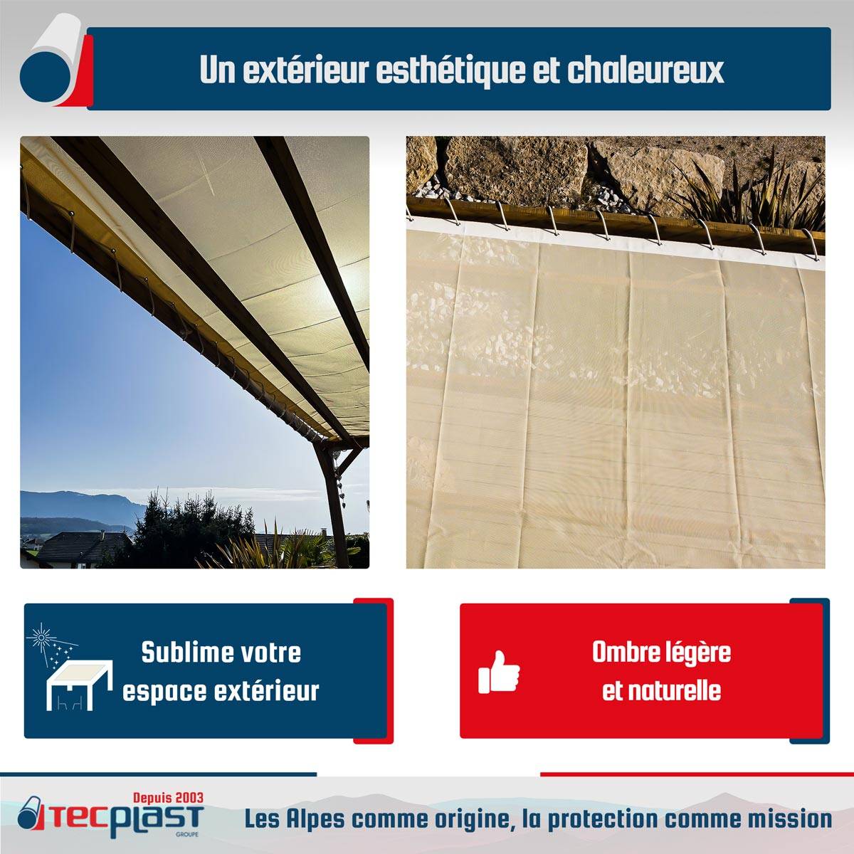 Toile pergola micro-perforée Tecplast mp460pr 3x3 m - ivoire - garantie 5 ans-4