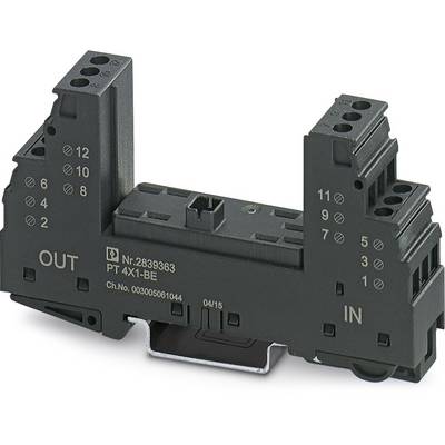 Un bloc de distribution électrique noir avec des marquages 'IN' et 'OUT', numéroté de 1 à 12, pour le câblage des circuits électriques.