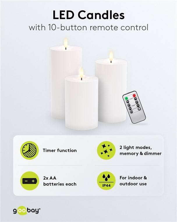 Goobay Lot de 3 bougies LED "Outdoor" - Eclairage LED avec télécommande, pour usage intérieur et extérieur (IP44),...-1