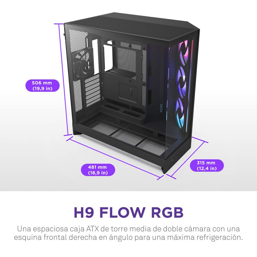 NZXT H9 Flow RGB, Midi Tower, PC, Noir, ATX, EATX, micro ATX, Mini-ITX, Mesh, SGCC, Verre trempé, 16,5 cm-3
