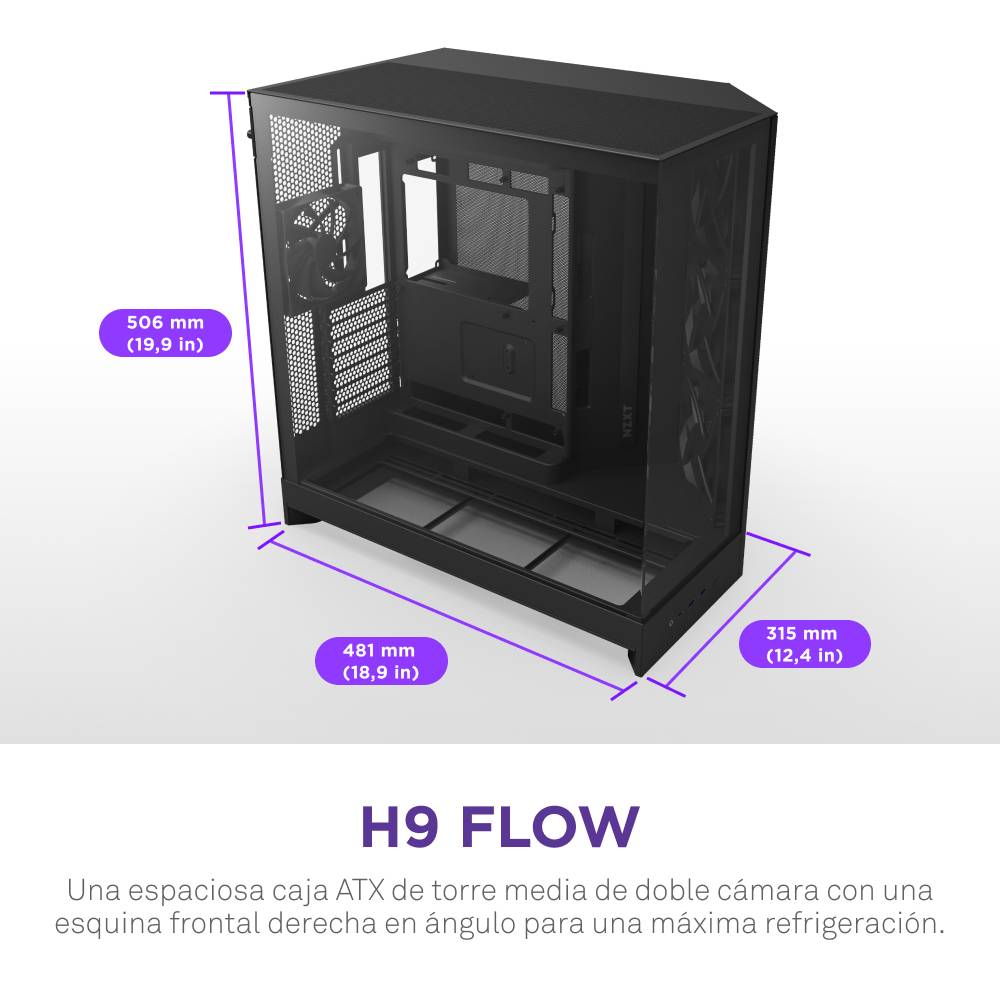 NZXT H9 Flow, Midi Tower, PC, Noir, ATX, EATX, micro ATX, Mini-ITX, Mesh, SGCC, Verre trempé, 16,5 cm-2