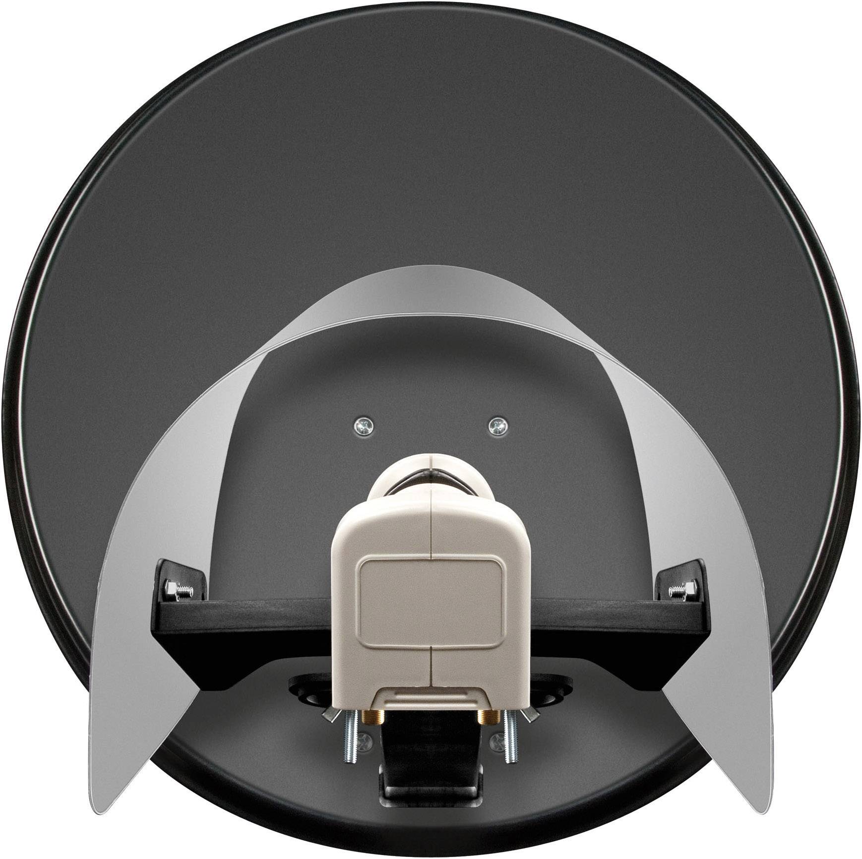Une antenne parabolique grise, vue de face, avec support et raccordement pour la réception satellite.