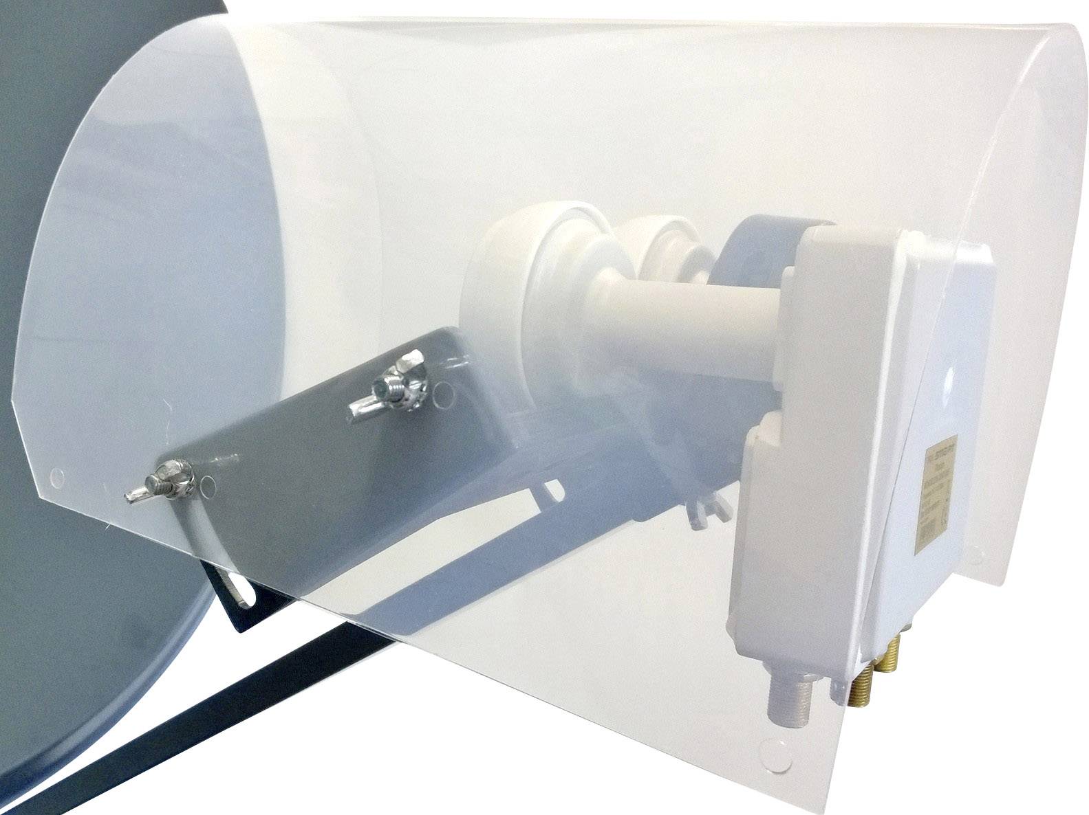 Vue extérieure d'un parabole satellite avec un capot protecteur, montrant des composants électroniques résistants aux intempéries et des fixations destinées à protéger contre les influences environnementales.