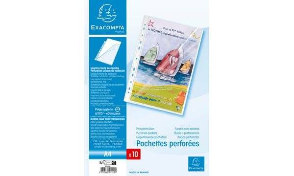 Pochettes perforées Exacompta A4 polypropylène lisse 6/100e ouverture sur 2 côtés - Boite de 100-5