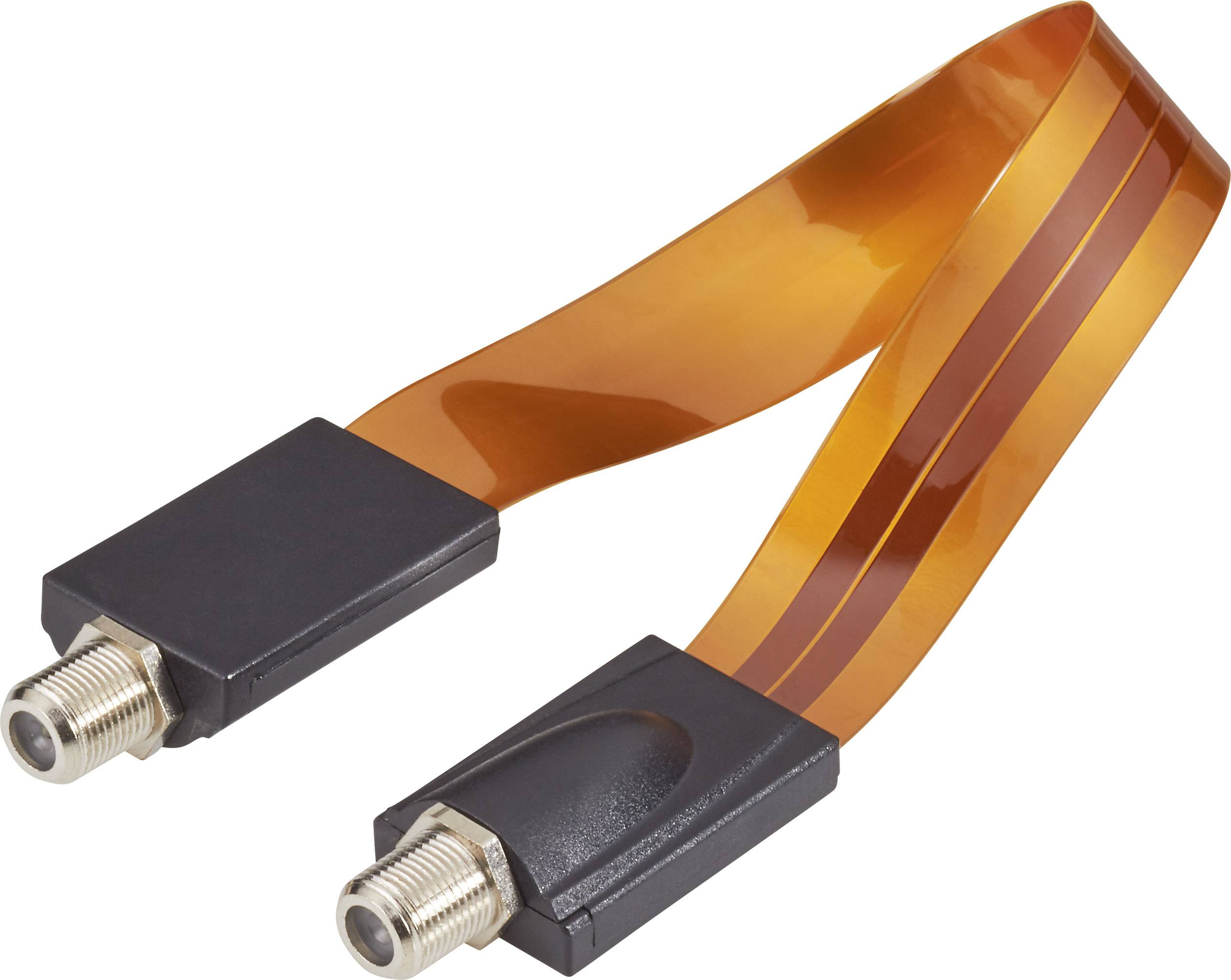 Un câble coaxial orange plat avec des connecteurs femelles F aux deux extrémités, adapté pour des connexions peu encombrantes.