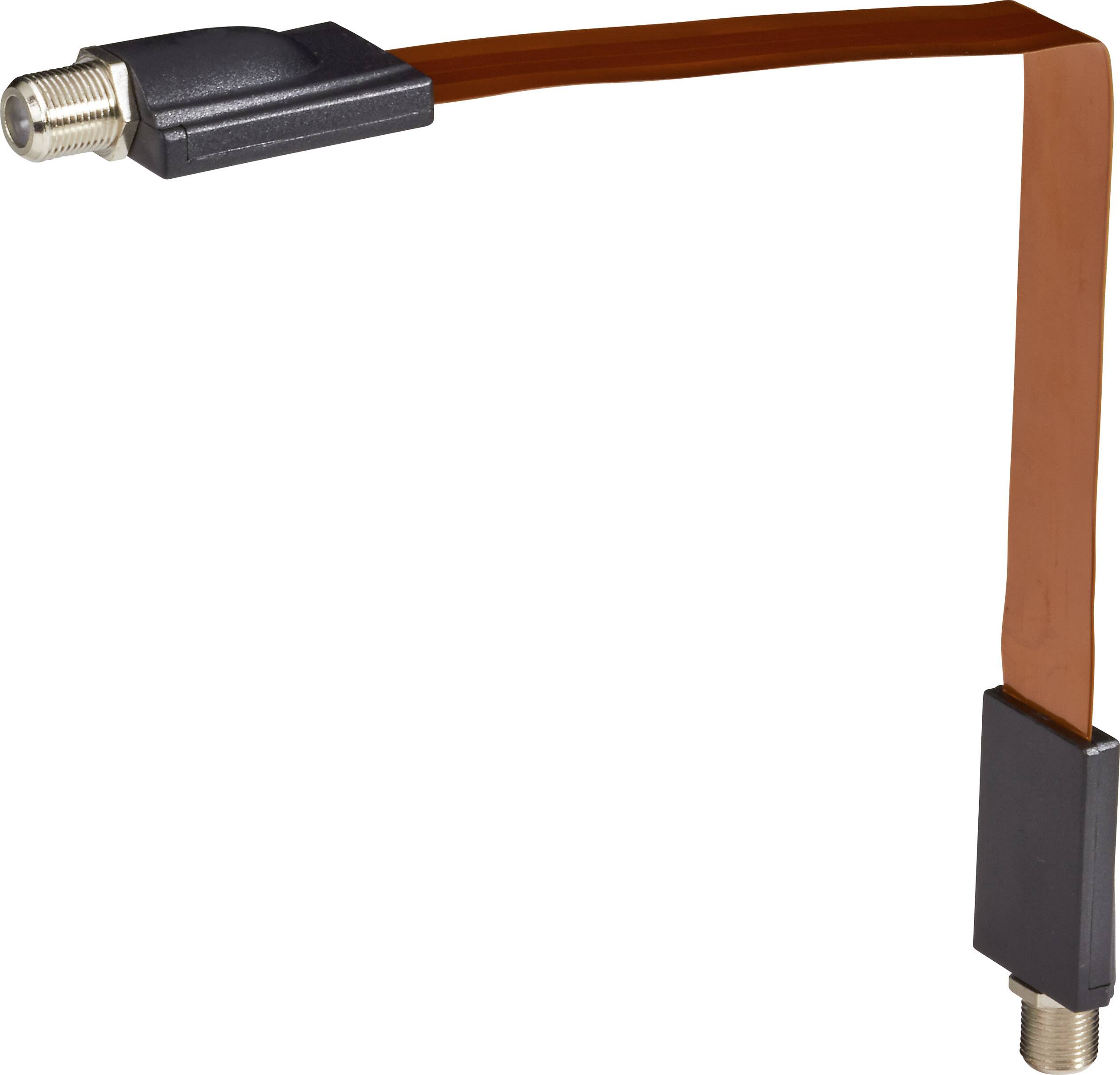 Câble coaxial plat avec connecteurs F aux deux extrémités, coudé à 90 degrés. Adapté aux espaces restreints et aux passages de fenêtres.