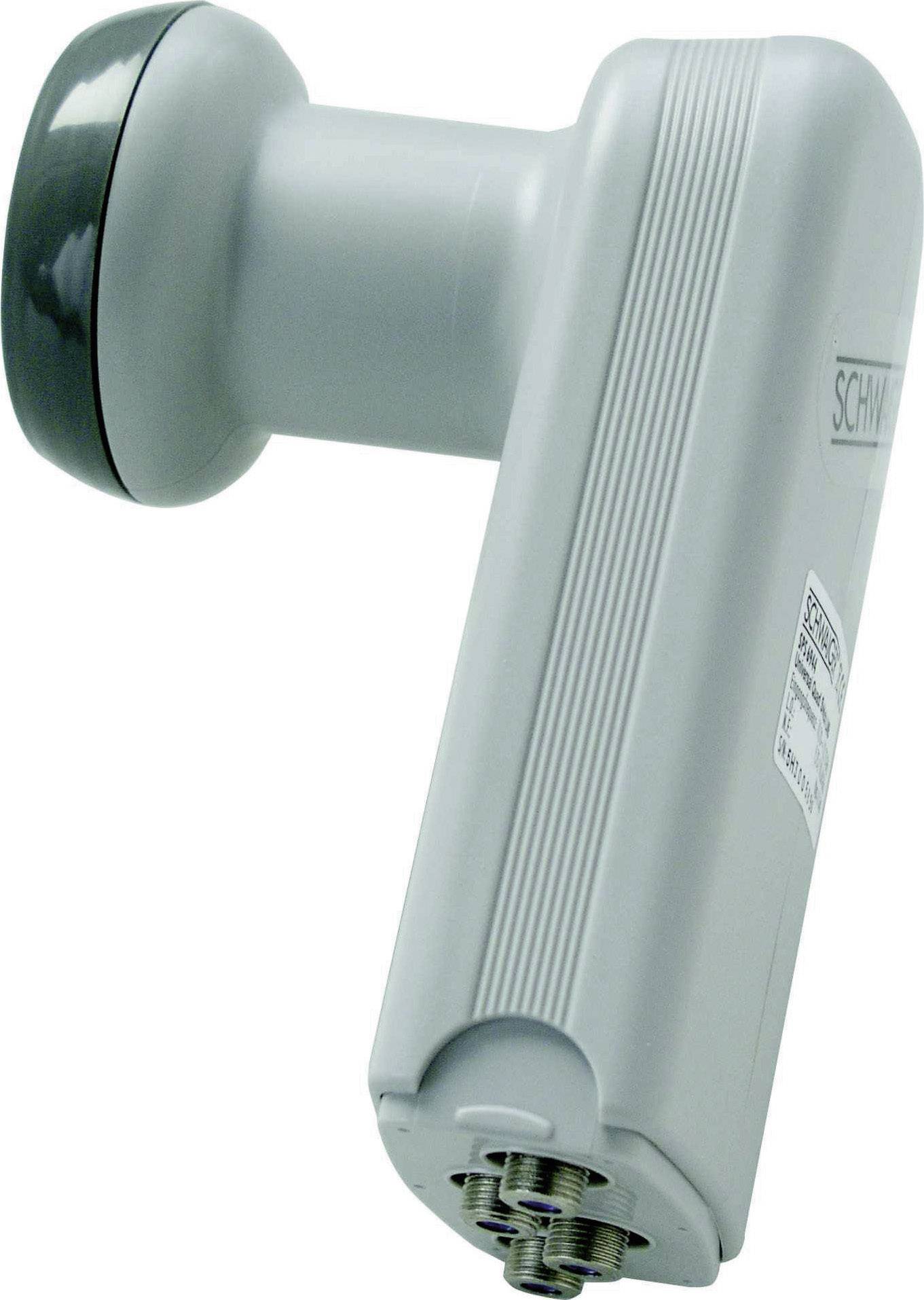 Un LNB (Low Noise Block) gris, représenté de côté, avec deux sorties F, utilisé pour la réception satellite.