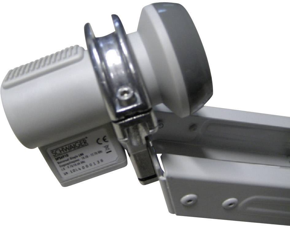 Un support de parabole satellite blanc avec une articulation métallique, utilisé pour l'alignement et la fixation d'une antenne parabolique.