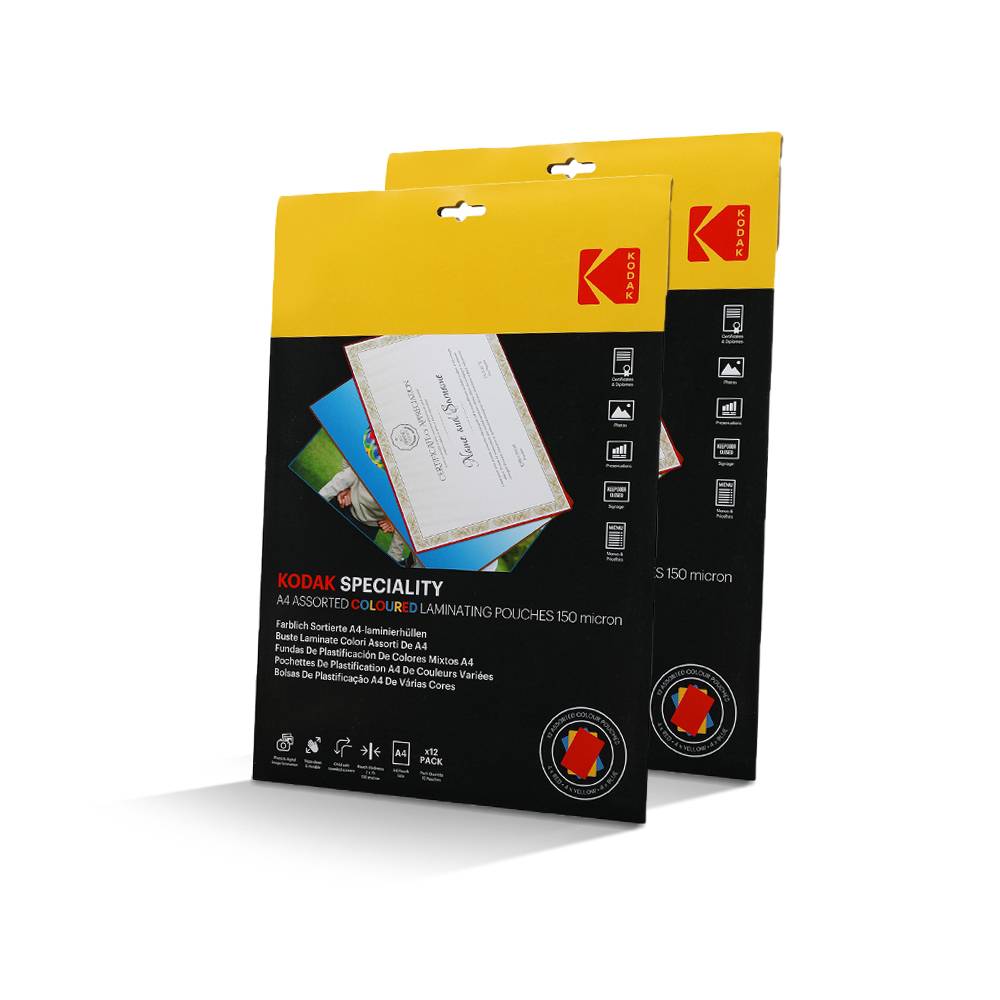 KODAK Pochettes de plastification couleur KD-LMA4CLR-PK12C – 2 x 12 (24), 150 microns, 3 couleurs : Rouge, Jaune, Bleu-0