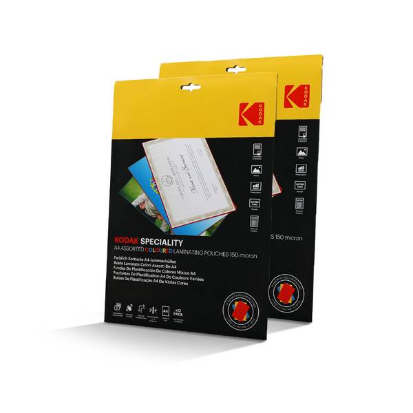 KODAK Pochettes de plastification couleur KD-LMA4CLR-PK12C – 2 x 12 (24), 150 microns, 3 couleurs : Rouge, Jaune, Bleu