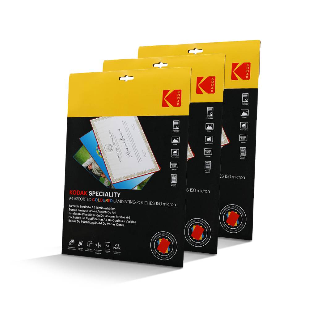 KODAK Pochettes plastifiantes A4 couleurs – KD-LMA4CLR-PK12C – 3 x 12 (36), 150 microns, Rouge, Jaune, Bleu-0