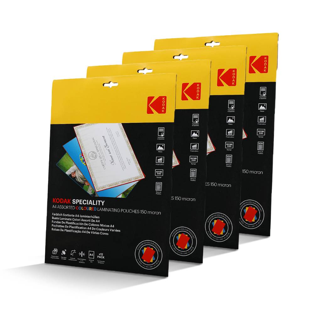 KODAK Pochettes de plastification A4 – KD-LMA4CLR-PK12C – Lot de 4 x 12 (48), 150 microns, Couleurs assorties : Rouge,-0