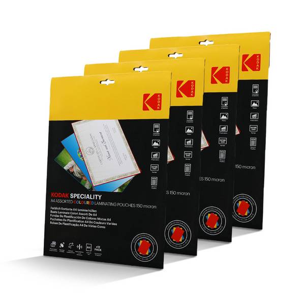 KODAK Pochettes de plastification A4 – KD-LMA4CLR-PK12C – Lot de 4 x 12 (48), 150 microns, Couleurs assorties : Rouge,