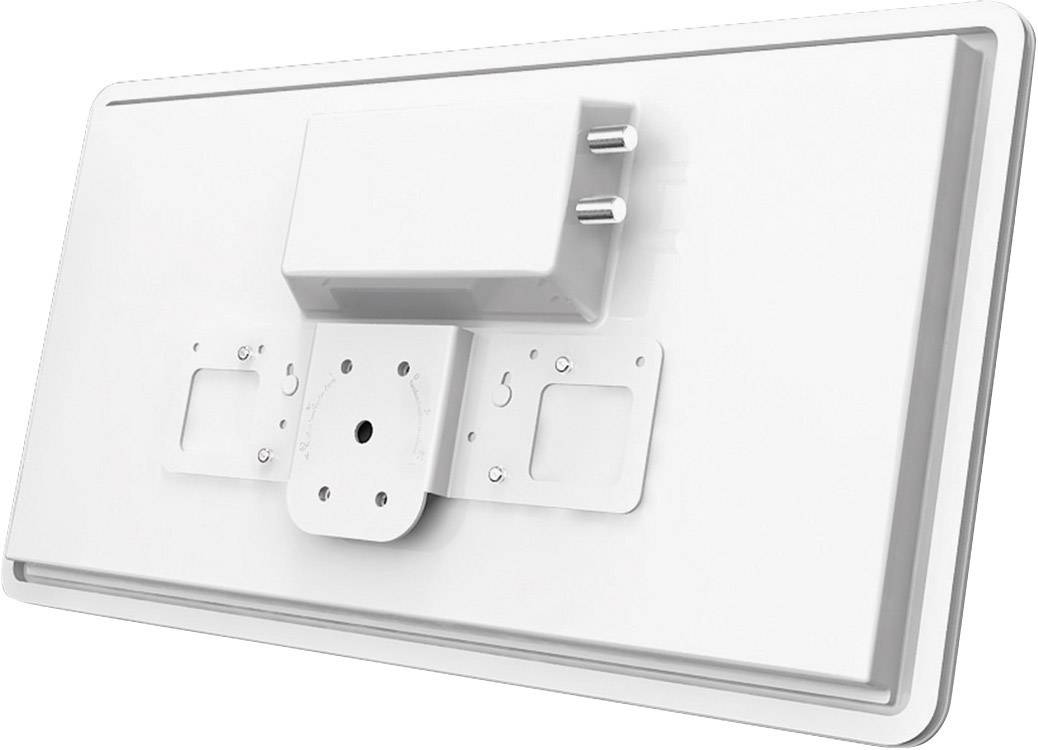 Antenne blanche rectangulaire avec deux broches de connexion et un socle de montage à l'arrière.