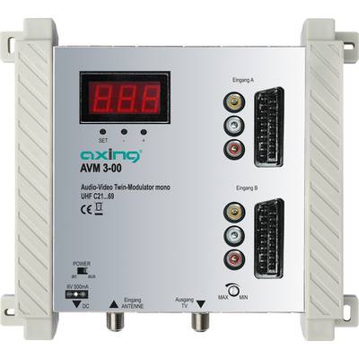Un modulateur audio-vidéo AVM 3-00 blanc avec des connexions et un affichage numérique indiquant '0.0.0'.