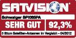 'Label de SATVISION : Schwager SPI085PA, évalué "TRÈS BON", 92,3%. Test comparatif de 5 antennes satellite DVB-T, 04/2012.'