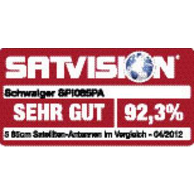 'Label de SATVISION : Schwager SPI085PA, évalué "TRÈS BON", 92,3%. Test comparatif de 5 antennes satellite DVB-T, 04/2012.'