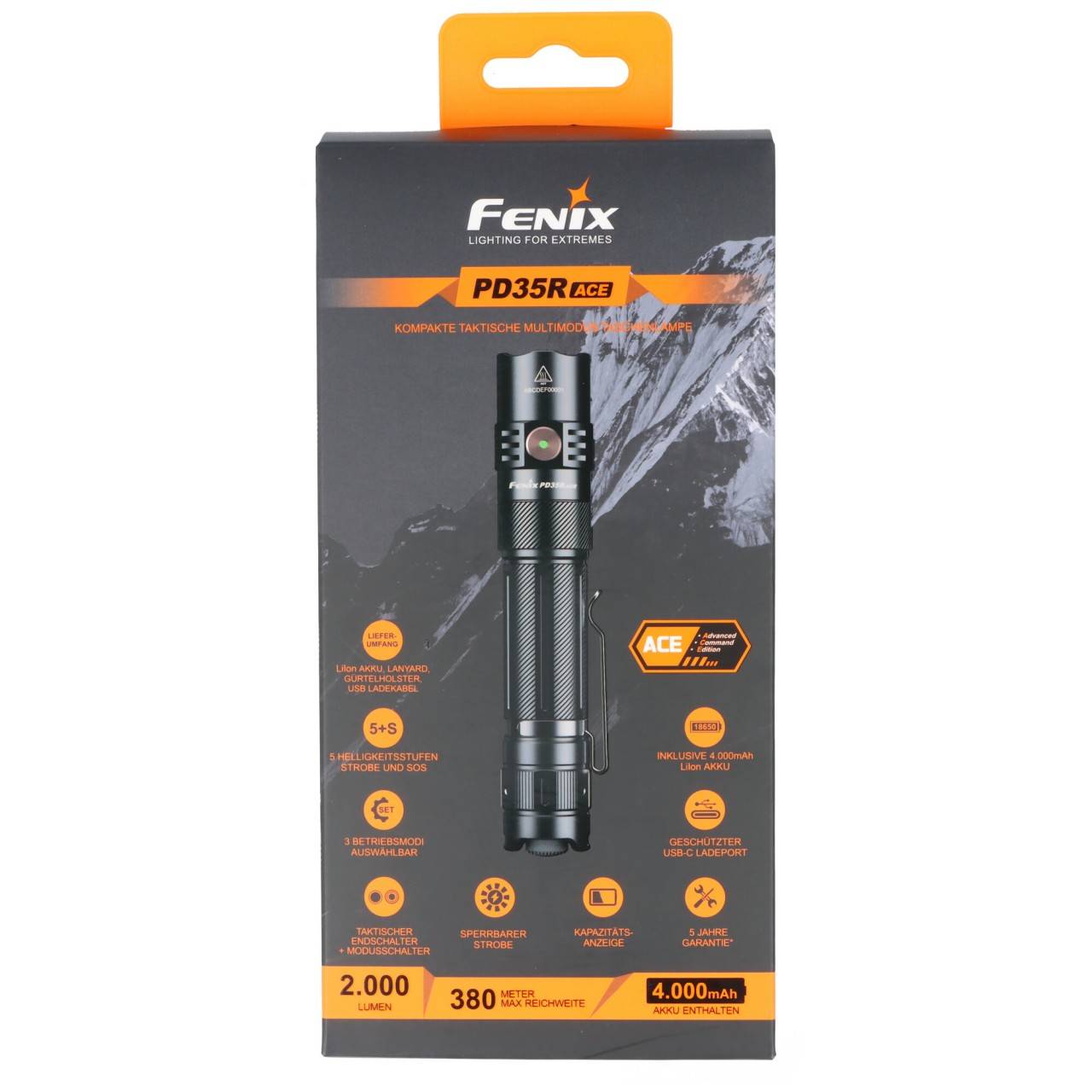 Lampe de poche LED Fenix PD35R ACE, lampe de poche tactique multimode, 2000 lumens, avec batterie ARB-L18-4000-0