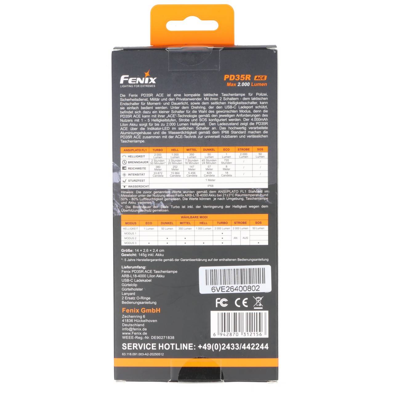 Lampe de poche LED Fenix PD35R ACE, lampe de poche tactique multimode, 2000 lumens, avec batterie ARB-L18-4000-1