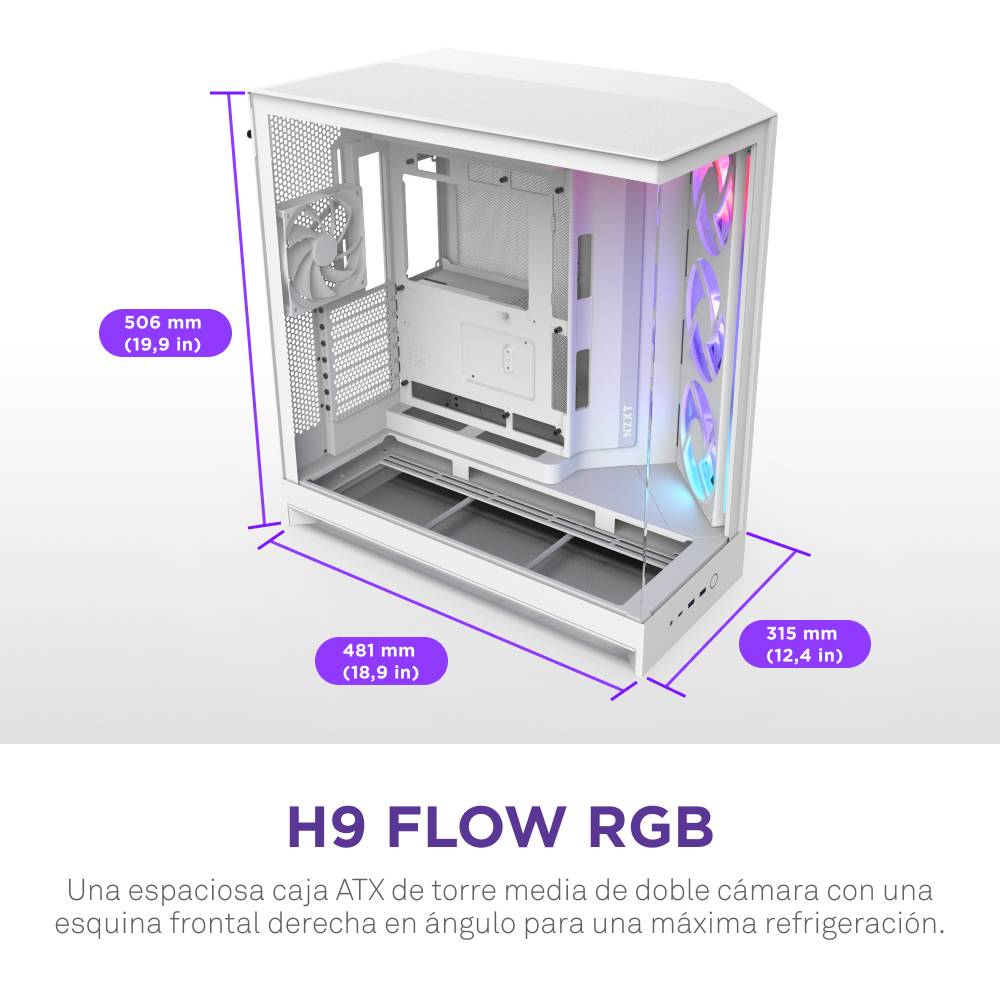 NZXT H9 Flow RGB, Midi Tower, PC, Blanc, ATX, EATX, micro ATX, Mini-ITX, Mesh, SGCC, Verre trempé, 16,5 cm-3