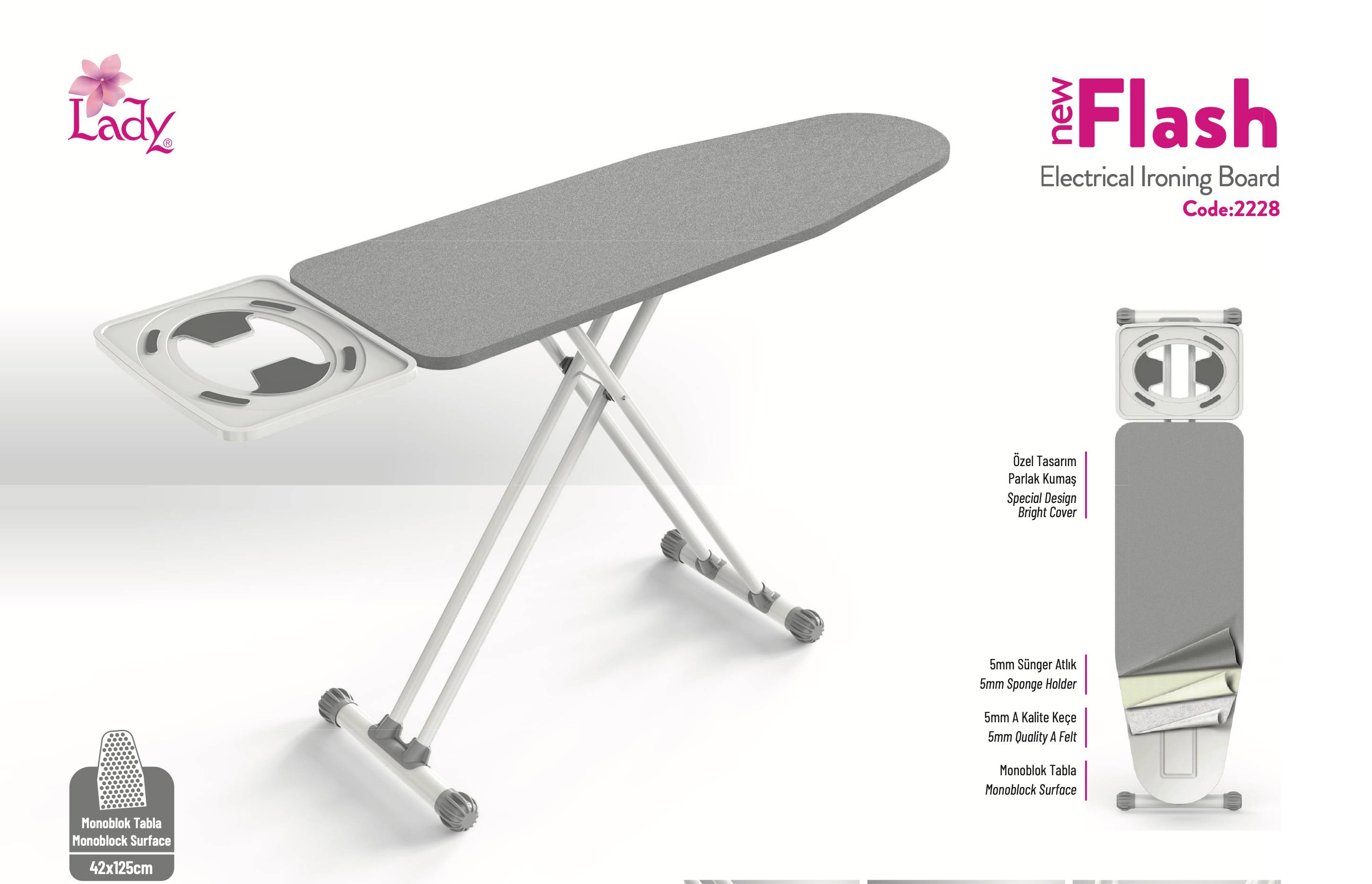 Table à repasser électrique, avec planche large 125 x 42 cm, réglable, nappe renforcé NEW FLASH SARAYLI 2228-1
