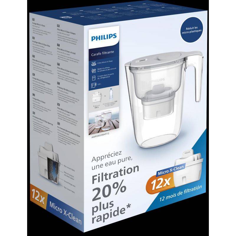 Carafe filtrante 2,6 L blanche avec 12 filtres en Microfiltration Philips PHAWP2933WHT12/10-2