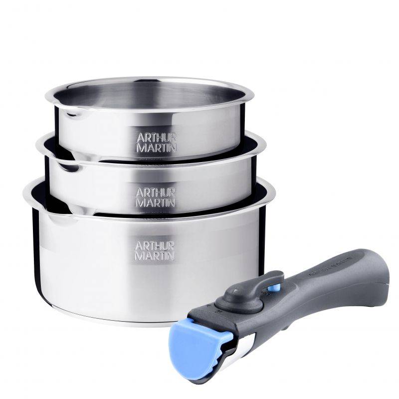Batterie de cuisine inox 11 pieces avec 2 manches amovibles et 3 couvercles en silicone Arthur Martin AM2700-1