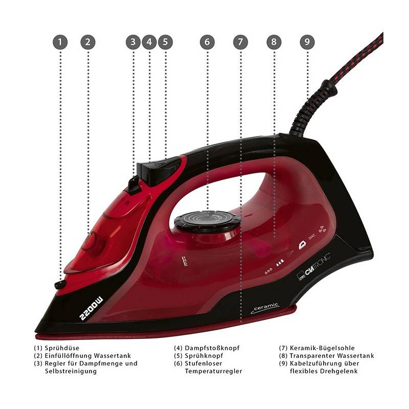 Fer à repasser vapeur avec 7 fonctions 2200W Clatronic DB 3752 Noir/rouge-4