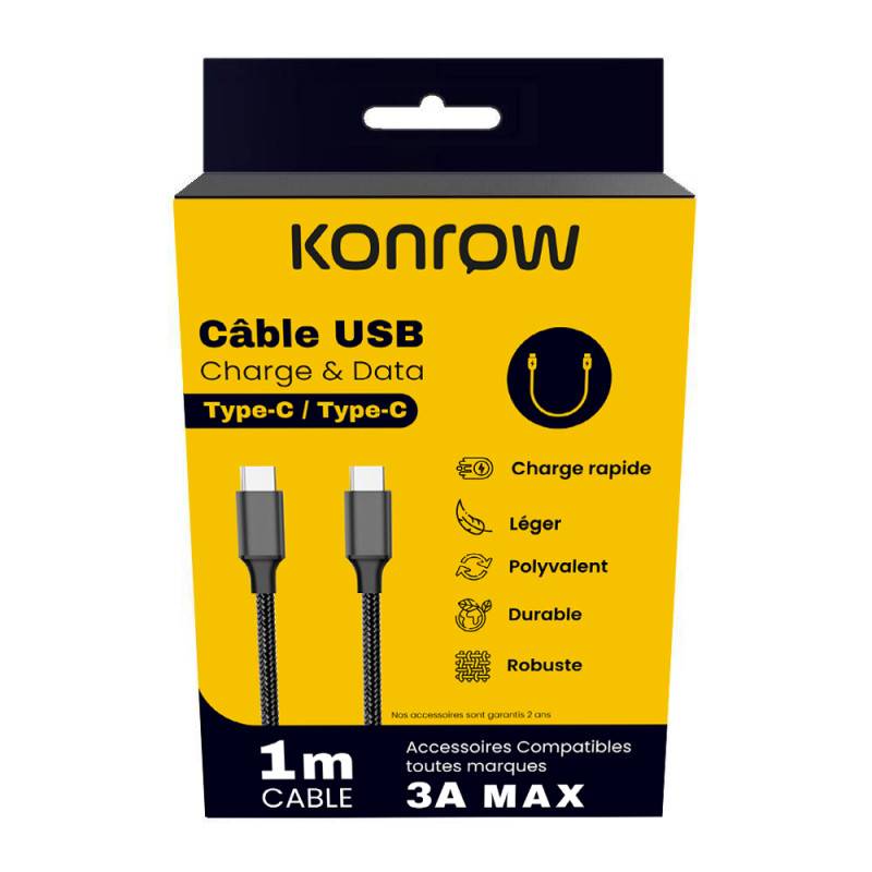 Konrow KCATCNPDB1 - Câble USB Type C vers Type C (1m, Nylon, Noir) - Emballage Original-0
