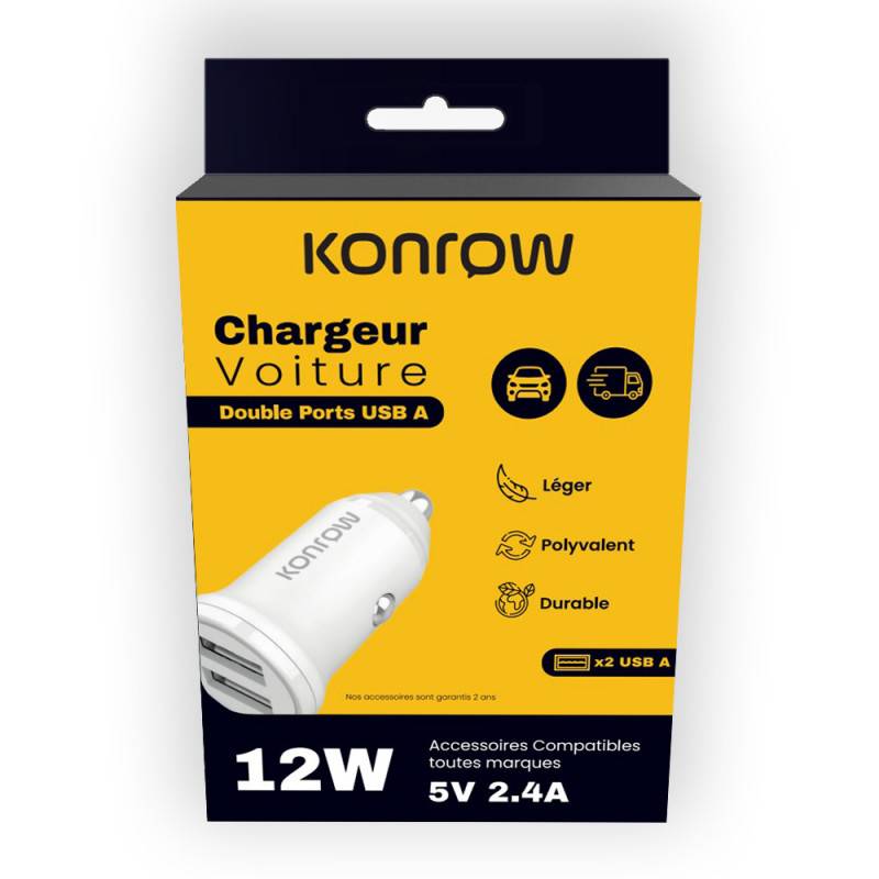 Konrow KCC12AAW - Adaptateur Allume-cigare 2 Ports USB A - Charge rapide 12W, Blanc (Compatible, Blister)-0
