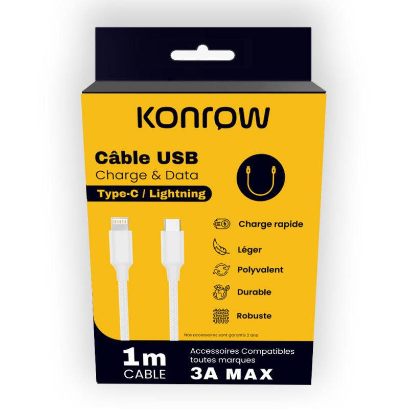 Konrow KCCTLNPDW1 - Câble USB Lightning vers Type C (1m, Nylon, Blanc) - Emballage Original-0