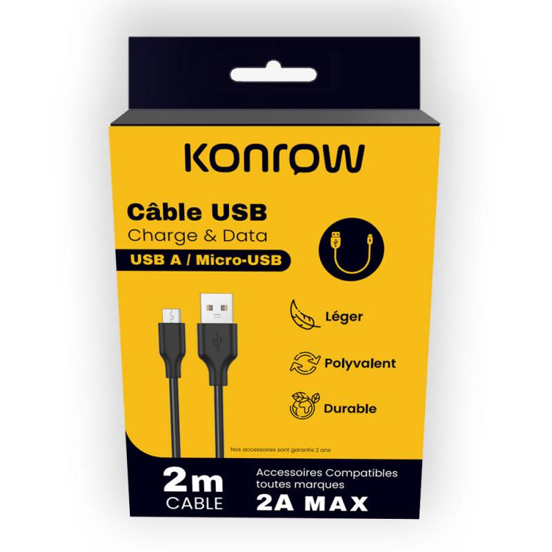 Konrow KCATMPB2 - Câble Micro USB vers Type A (2m, Noir) - Emballage Original-0