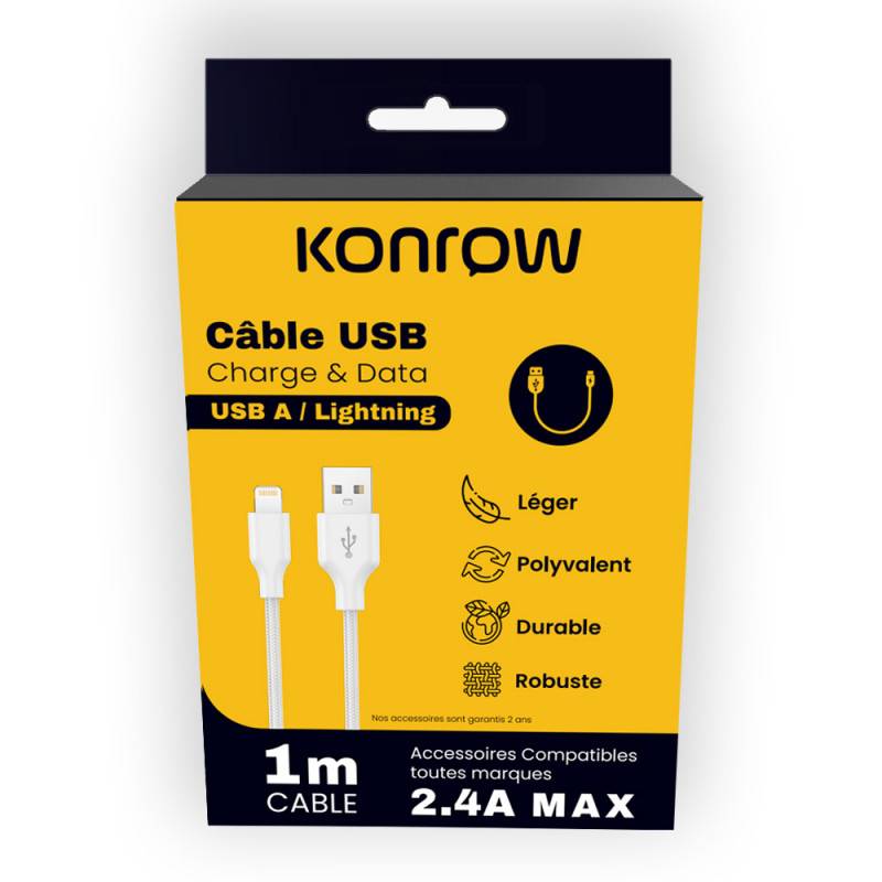 Konrow KCATLNW1 - Câble USB Lightning vers Type A (1m, Nylon, Blanc) - Emballage Original-0
