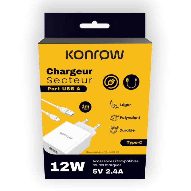 Konrow KK12AATC - Chargeur Secteur Complet (Adaptateur USB 12W & Câble USB Type C détachable, 1m) Blanc (Compatible, Bli-0