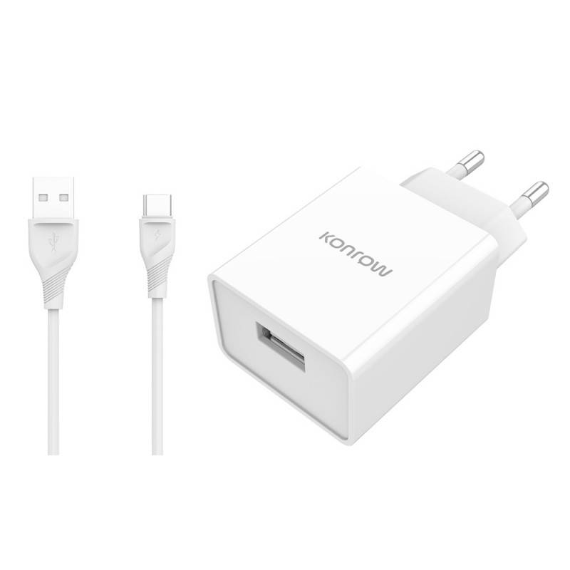 Konrow KK12AATC - Chargeur Secteur Complet (Adaptateur USB 12W & Câble USB Type C détachable, 1m) Blanc (Compatible, Bli-1