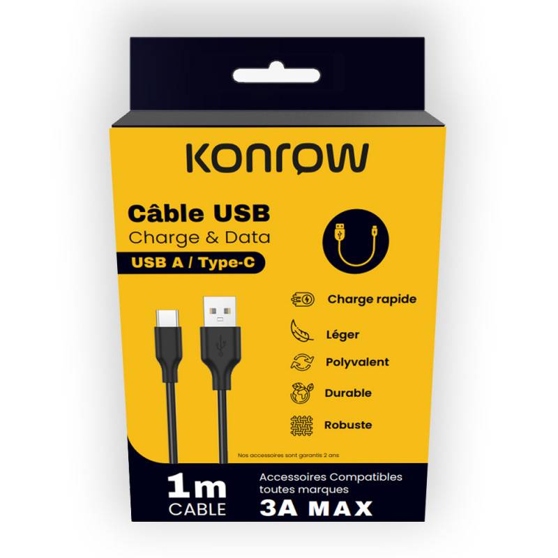 Konrow KCATCPB1- Câble USB Type C vers Type A (1m, 3A, Noir) - Emballage Original-0