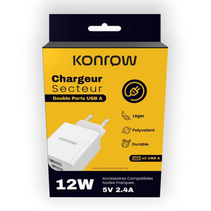 Konrow KC12AAW - Adaptateur Secteur 2 Ports USB A - Charge rapide 12W, Blanc (Compatible, Blister)-0
