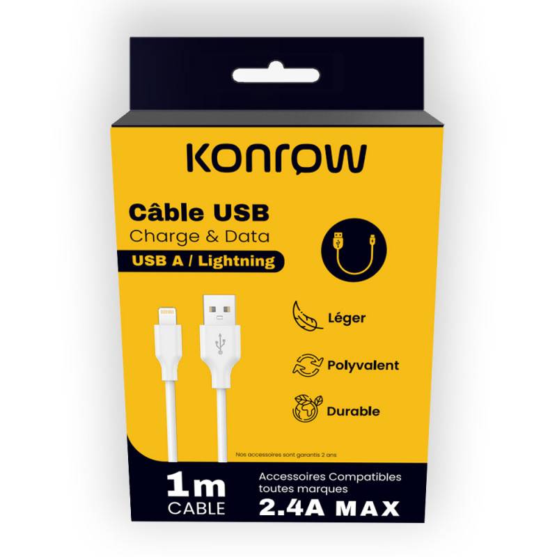 Konrow KCATLPW1 - Câble USB Lightning vers Type A (1m, Blanc) - Emballage Original-0