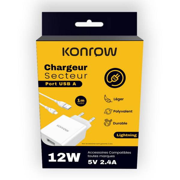 Konrow KK12AATL - Chargeur Secteur Complet (Adaptateur USB 12W & Câble Lightning détachable, 1m) Blanc (Compatible, Blis