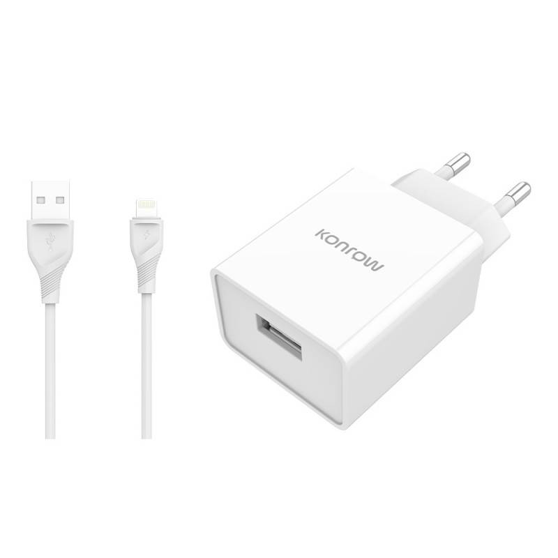 Konrow KK12AATL - Chargeur Secteur Complet (Adaptateur USB 12W & Câble Lightning détachable, 1m) Blanc (Compatible, Blis-1